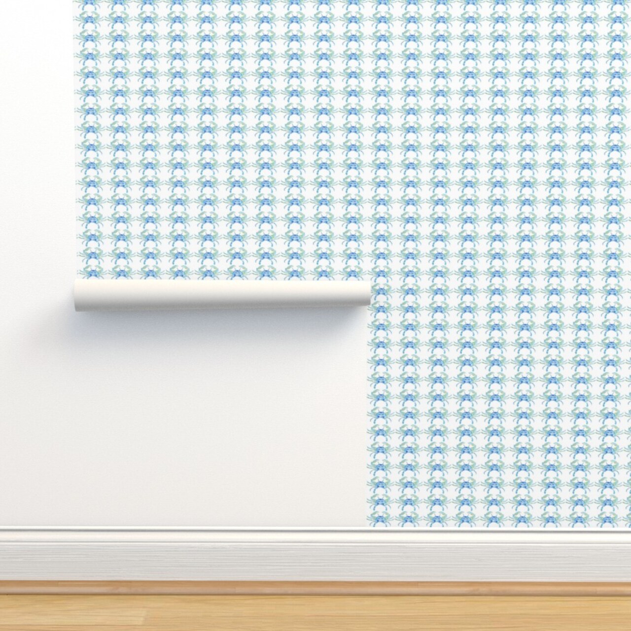 Blue Watercolor Crab Small Abstract Coastal Beach Whimsical Sand Ocean Creatures Scale Custom Pre-pasted Wallpaper by Spoonflower Pre-Pasted Wallpaper 2FT Wide